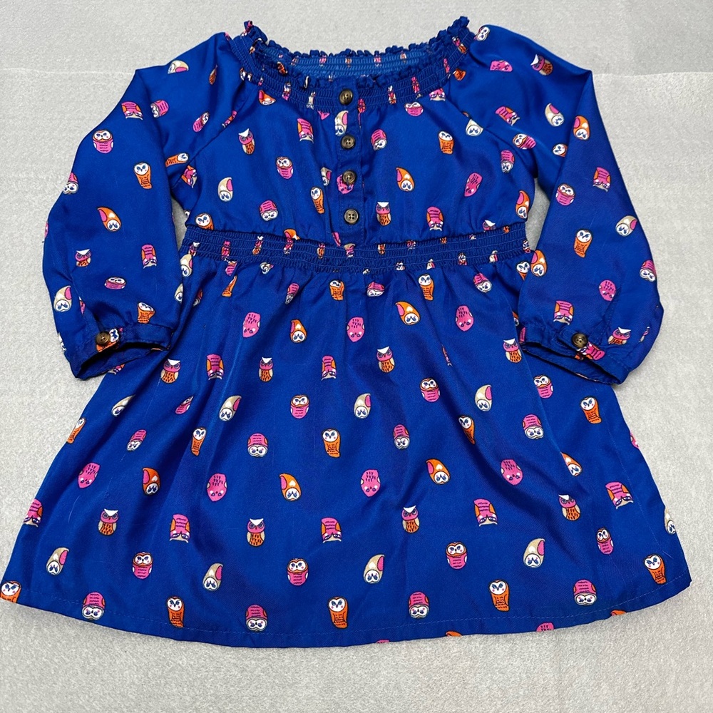 Old Navy girls lightweight long sleeve blue silky soft dress- owls-12-18m